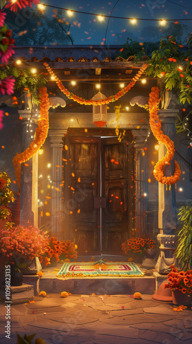  An artistic representation of a beautifully decorated home entrance for Ganesh Chaturthi, featuring garlands of marigolds, colorful rangoli patterns, and twinkling lights