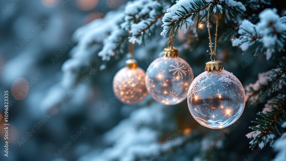 Snowy Christmas Ornaments with Magical Glow Hanging on Frosted Tree Snowy Christmas Ornaments with Magical Glow Hanging on Frosted Tree