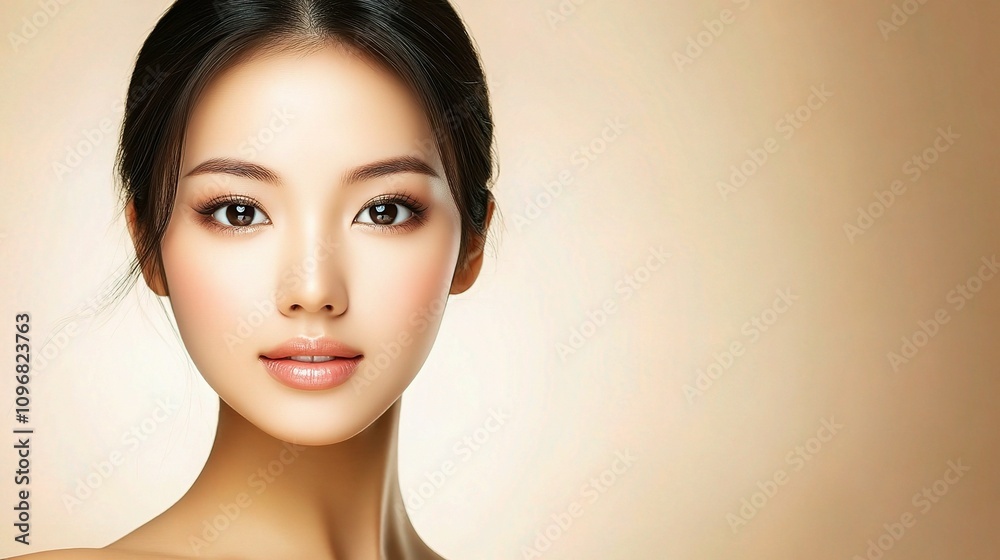 Naklejka premium Beautiful Young Asian Woman with Clean, Fresh Skin Posing Gracefully, Captivating Smile and Radiant Complexion Against Soft Beige Background