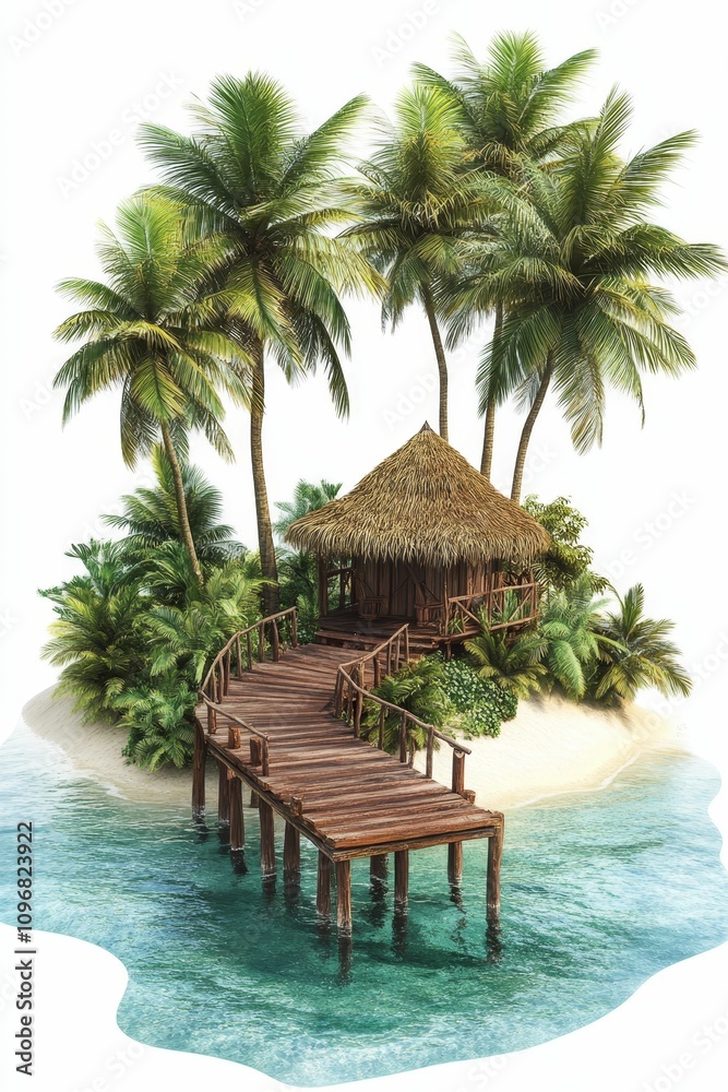 Fototapeta premium Tropical island hut, palm trees, wooden dock.