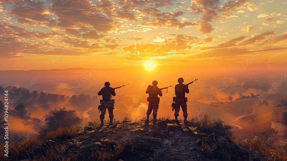 Soldiers observing battlefield at sunset from hilltop position Soldiers observing battlefield at sunset from hilltop position