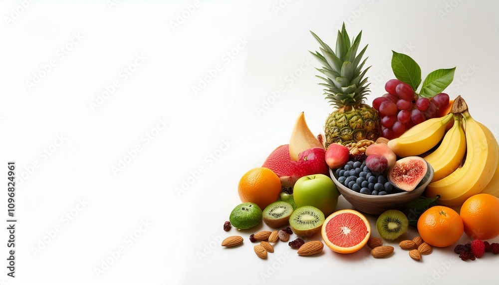 A vibrant mix of fresh fruits, including bananas, pineapple, and berries, displayed beautifully.