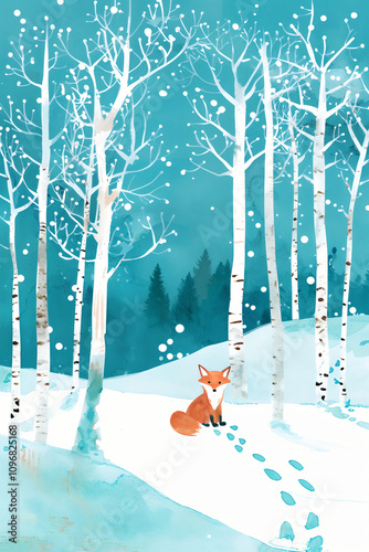 Charming Fox in Peaceful Winter Landscape, Delicate Snowflakes, winter magic, holiday postcard, festive invitation, winter decor, nature conservation.
