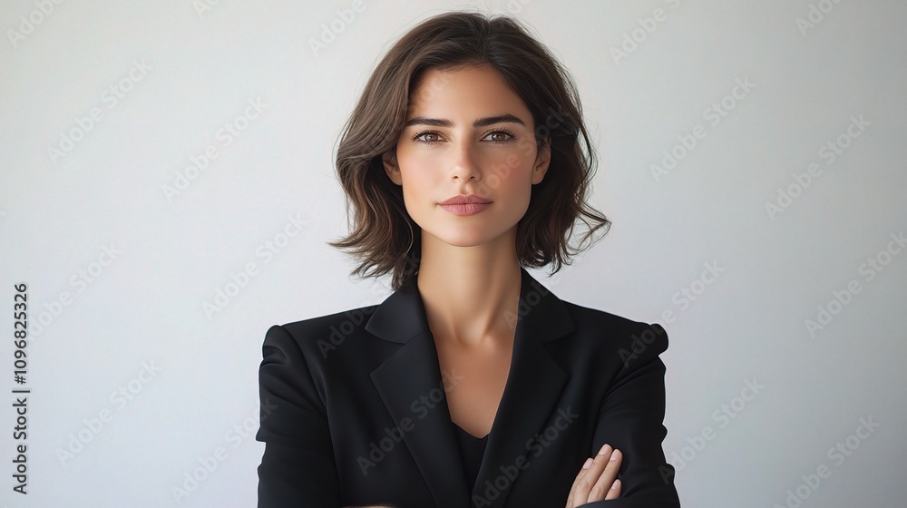 Confident businesswoman posing gracefully against a white background, showcasing professionalism, poise, and modern elegance in a corporate setting. Confident businesswoman posing gracefully against a white background, showcasing professionalism, poise, and modern elegance in a corporate setting.