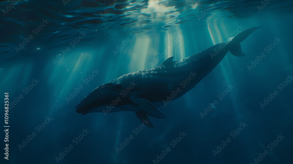Fototapeta premium Humpback Whale Underwater in Sunbeams