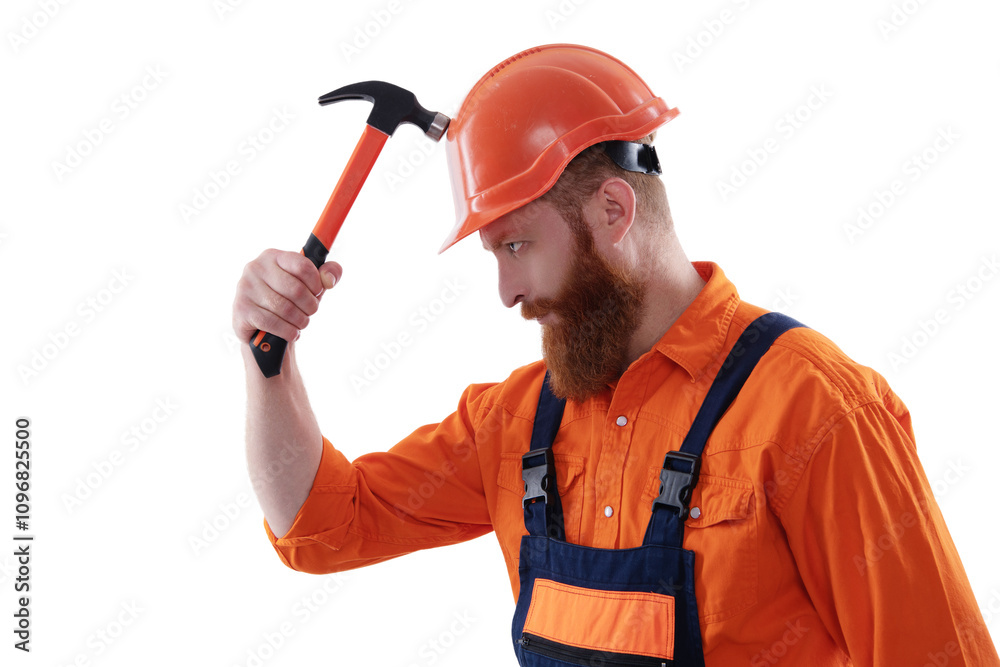 Workman repairing with hammer isolated on white. Repair man work. Surface repair. Carpentry and repairing. Repairman in uniform has hammer. Bearded repairman with hammer. Tools for the job Workman repairing with hammer isolated on white. Repair man work. Surface repair. Carpentry and repairing. Repairman in uniform has hammer. Bearded repairman with hammer. Tools for the job