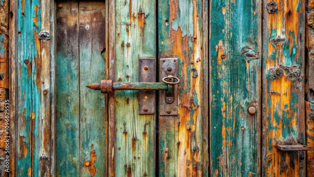A weathered wooden door with peeling paint, showing the layers of time and use, secured by a simple latch and keyhole A weathered wooden door with peeling paint, showing the layers of time and use, secured by a simple latch and keyhole