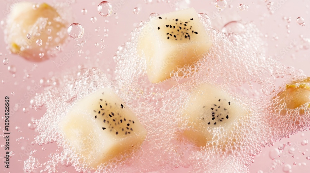 Cubes of fruit floating in bubbly liquid against a pink background. Cubes of fruit floating in bubbly liquid against a pink background.