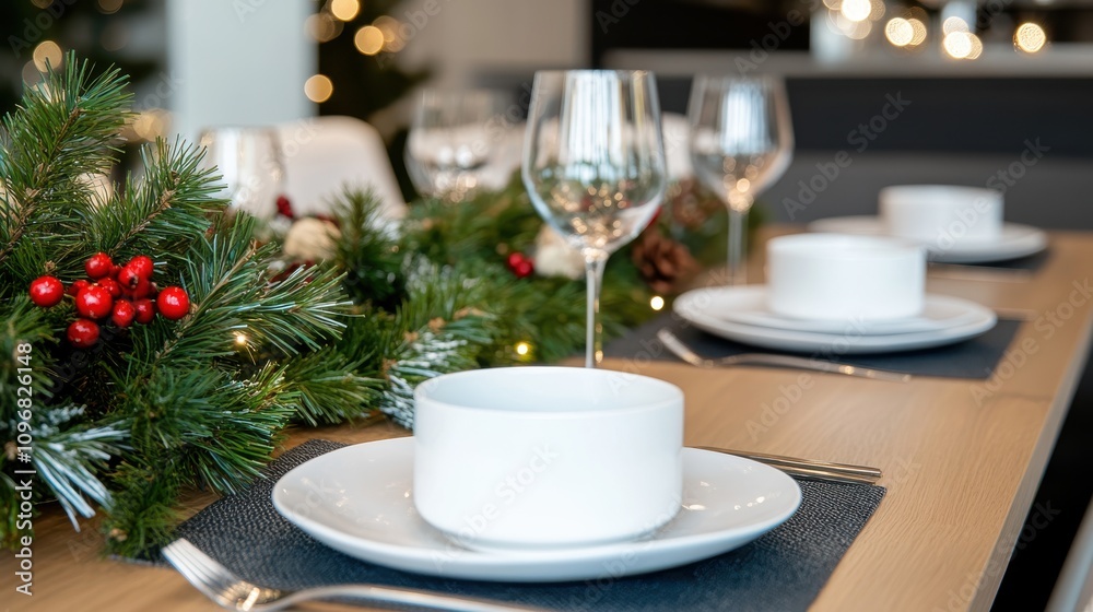 A refined table setting featuring white dishes and sparkling glassware, complemented by evergreen and red berry decor, creating a cozy, inviting holiday atmosphere.