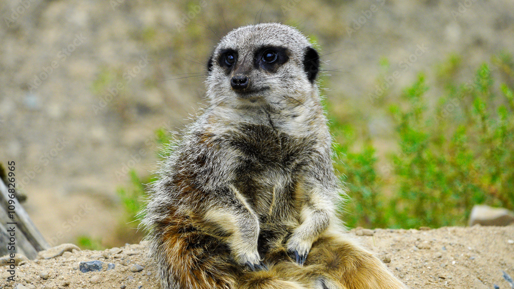Fototapeta premium A single meerkat sitting in the sand its enclosure at Folly Farm Zoo Wales. Fully released for creative and commercial use. Copy space available within the frame. One of a full series of animals. 