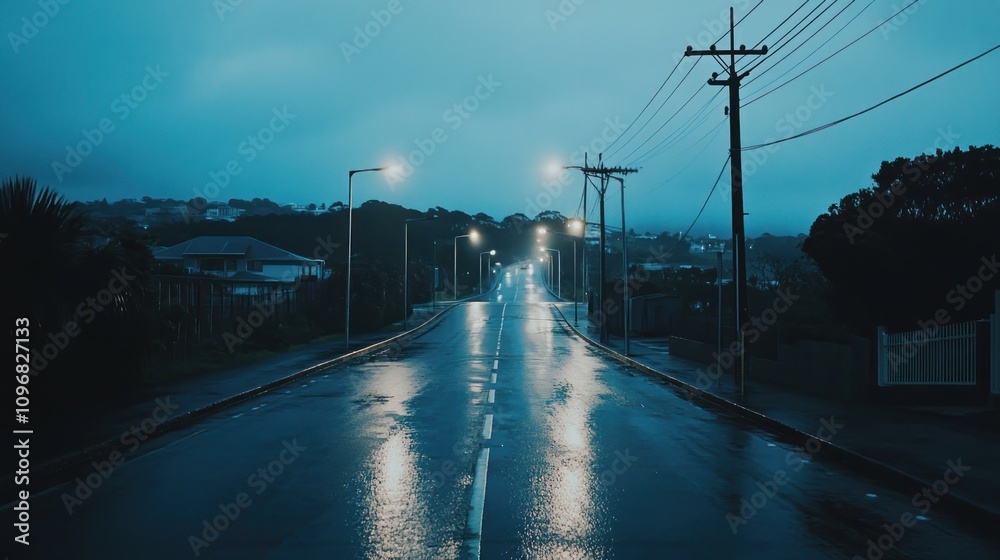 A dimly lit road at night, reflecting light and creating a moody atmosphere. A dimly lit road at night, reflecting light and creating a moody atmosphere.