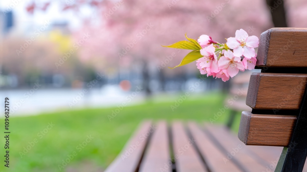 Delicate cherry blossoms beautifully frame a solitary park bench, creating a romantic and tranquil atmosphere perfect for peaceful reflection and relaxation.