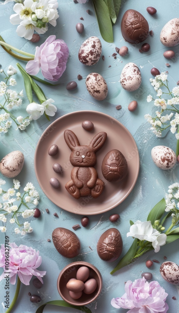 Easter-Themed Flat Lay with Chocolate Bunny, Eggs, and Spring Flowers for Greeting Cards Easter-Themed Flat Lay with Chocolate Bunny, Eggs, and Spring Flowers for Greeting Cards