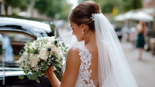 The bride in a lacy gown holds a lush bouquet of white roses as she stands beside a vintage car. Her intricate hairstyle and elegant look highlight romantic sophistication. photo