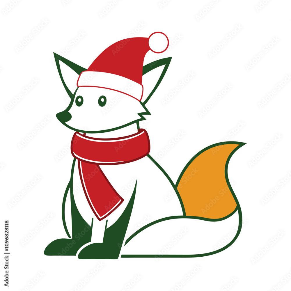 Cute Fox Vector Outline - Festive Design of a Fox in Santa Hat and Scarf on White Background Cute Fox Vector Outline - Festive Design of a Fox in Santa Hat and Scarf on White Background