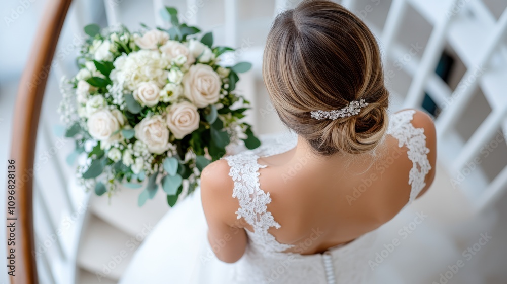 Naklejka premium A bride in a lace gown gracefully holds a bouquet of white roses and eucalyptus as she ascends a spiral staircase, her hair elegantly styled with a jeweled clip.