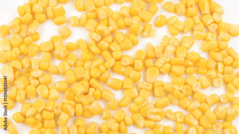 Steamed Italian sweet corn kernels,close-up on white plate,rotating video.