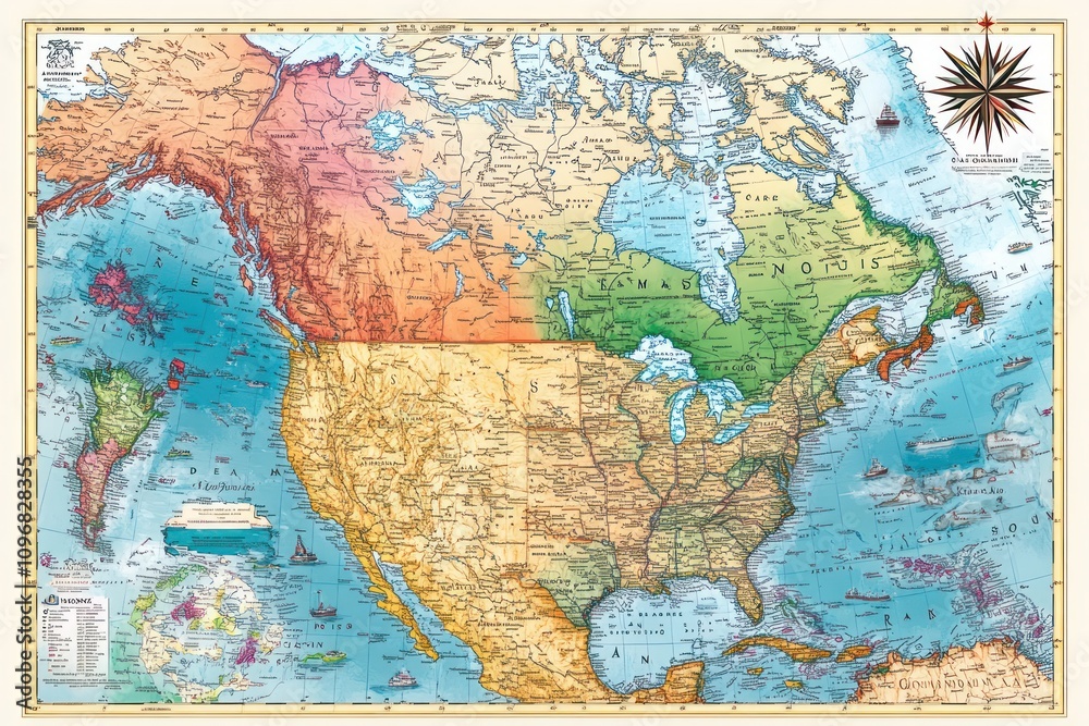 Fototapeta premium Antique Hand Drawn Map of North America Depicting Historical Details