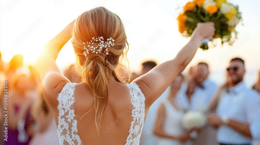 Naklejka premium Capturing the joy of a bride raising her bouquet high among her cheerful guests, this image reflects a dusk wedding celebration filled with warmth and laughter.