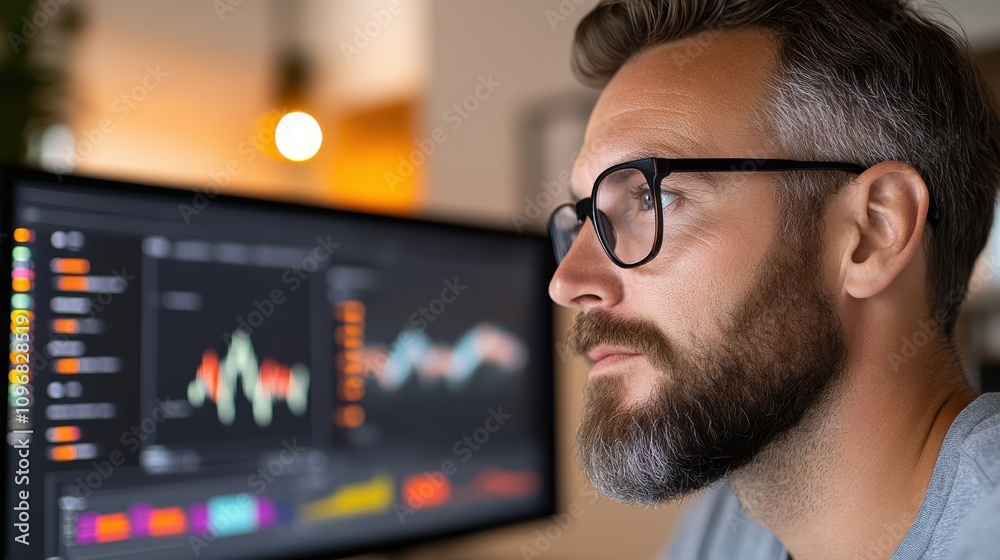 A bearded man with glasses is seen closely analyzing data charts on a computer screen, exhibiting focus and insight in a digitally illuminated environment. A bearded man with glasses is seen closely analyzing data charts on a computer screen, exhibiting focus and insight in a digitally illuminated environment.