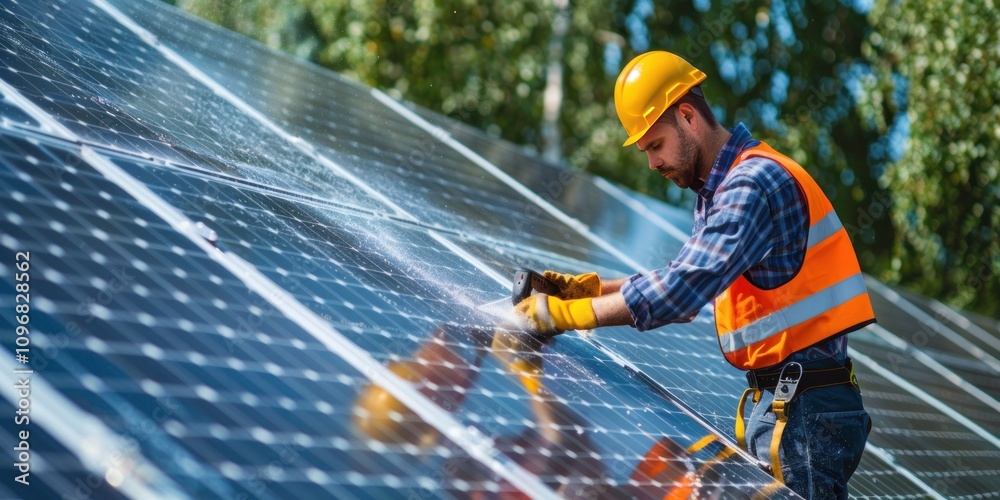 Solar Panel Maintenance: A Worker Cleans Solar Panels Solar Panel Maintenance: A Worker Cleans Solar Panels