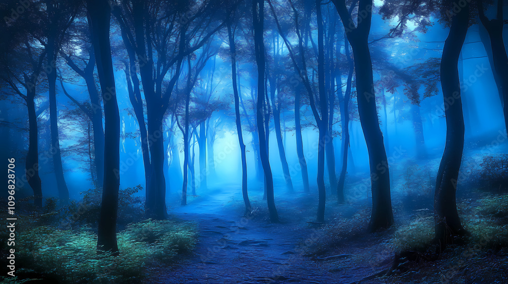 Obraz premium A mystical and ethereal forest shrouded in blue mist, revealing ancient trees and a magical ambiance. Magical Forest Whispers. Illustration