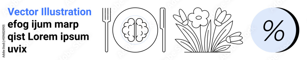 Brain icon on plate with fork and knife, flowers, and percentage symbol Ideal for educational materials, health awareness, culinary, wellness, nature, finance, and marketing. Landing page Brain icon on plate with fork and knife, flowers, and percentage symbol Ideal for educational materials, health awareness, culinary, wellness, nature, finance, and marketing. Landing page