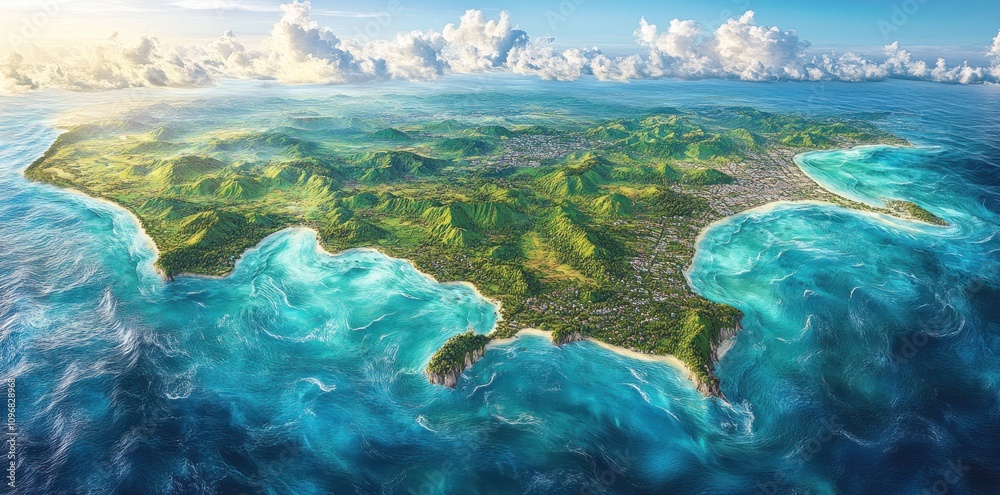Tropical Island Aerial View Showing Lush Green Mountains and Ocean