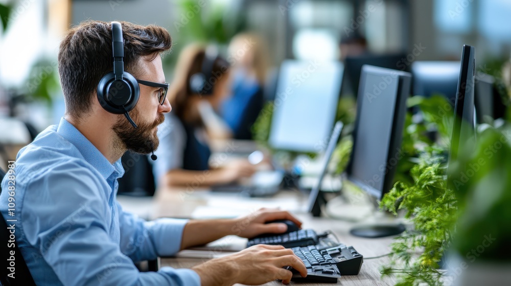 A professional intensely working in a tech-driven office, wearing headphones and surrounded by computers and greenery, embodying focus and technological drive. A professional intensely working in a tech-driven office, wearing headphones and surrounded by computers and greenery, embodying focus and technological drive.