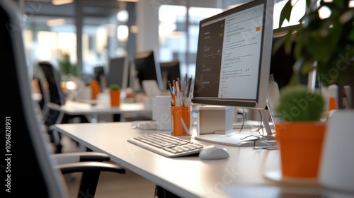 A sleek and contemporary office workspace featuring computers and small potted plants, designed for productivity and a comfortable, inviting environment.