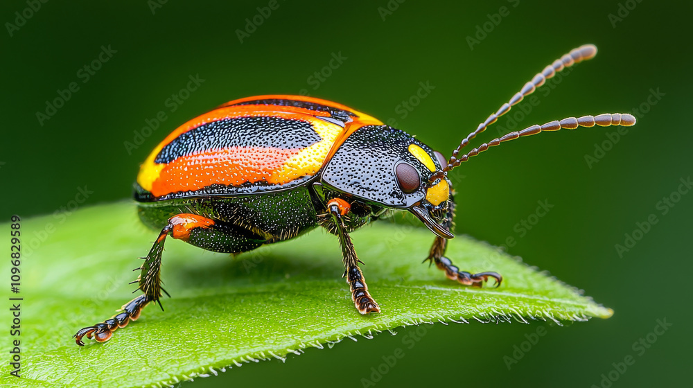 Colorful Macro View of a Vibrant Insect on a Leaf with Detailed Texture and Unique Patterns in a Lush Green Natural Environment Colorful Macro View of a Vibrant Insect on a Leaf with Detailed Texture and Unique Patterns in a Lush Green Natural Environment