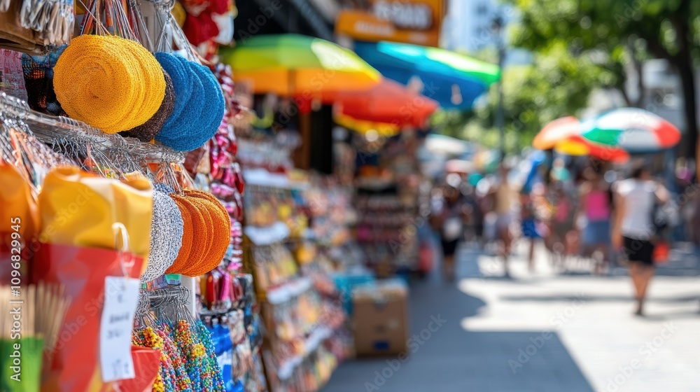 Fototapeta premium A bustling street market with colorful hats, umbrellas, and assorted merchandise creating a lively atmosphere. People walk along under vivid sunlit skies.