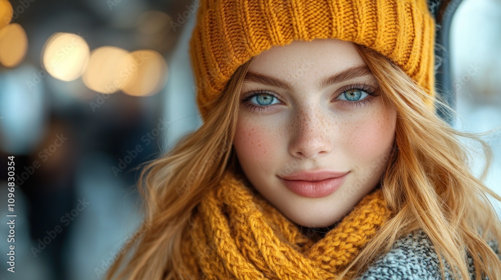 Winter Beauty Portrait: A Young Woman in a Yellow Knitted Hat and Scarf