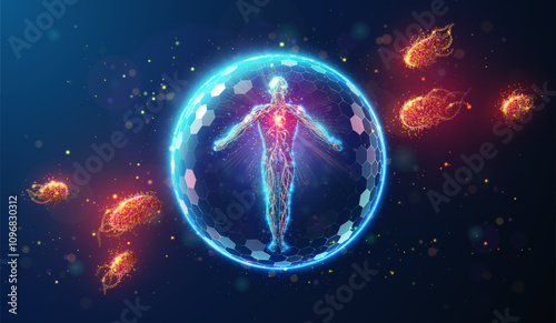 Abstract illustration of human body protected by shield barrier surrounded by microbes made of glowing neon particles. Geometric background depicting healthcare and disease treatment medical concept