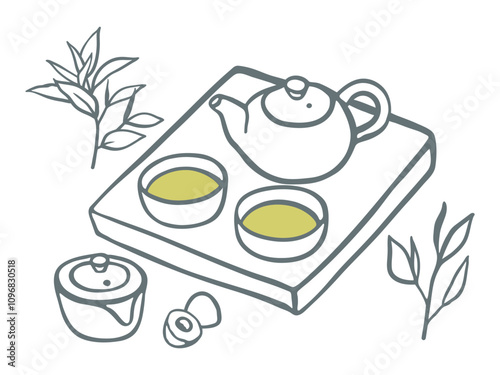 Hand drawn tea ceremony illustration. Sketch style simple illustration with teapot, cups and tea branches
