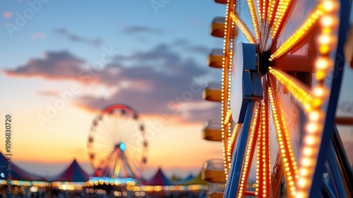 A profile view of a glowing Ferris wheel illuminated against a picturesque twilight sky, capturing the essence of joy and enchantment at the carnival. photo