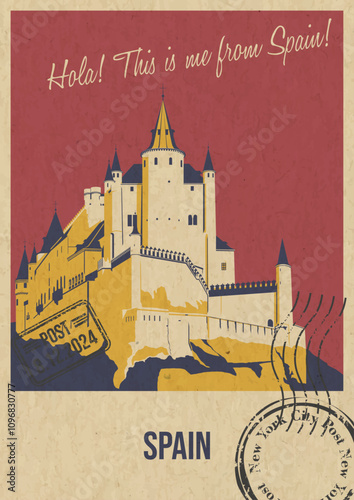 Spain Attraction Postcard, Alcazar of Segovia Castle Popular Place Illustration, Vector Template Retro Style Greeting Card with handwriting wish. Postal Imprint, Aged Paper Texture