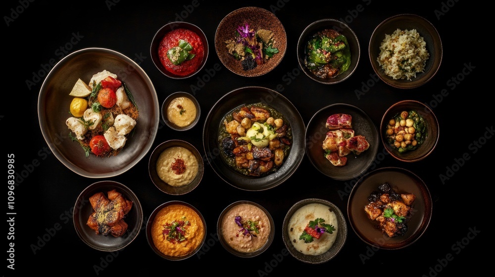 An artistic presentation of a classic Ramadan Iftar meal featuring a colorful assortment of Middle Eastern dishes An artistic presentation of a classic Ramadan Iftar meal featuring a colorful assortment of Middle Eastern dishes