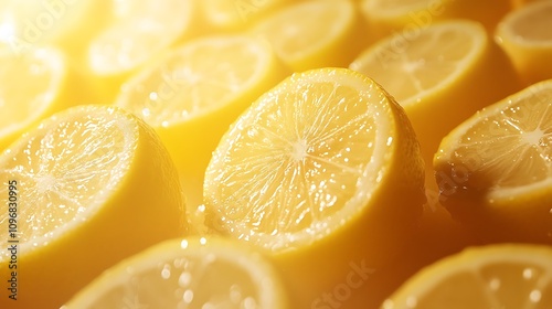 Close-up of fresh, juicy lemon slices, backlit with sunlight, creating a vibrant, yellow background.