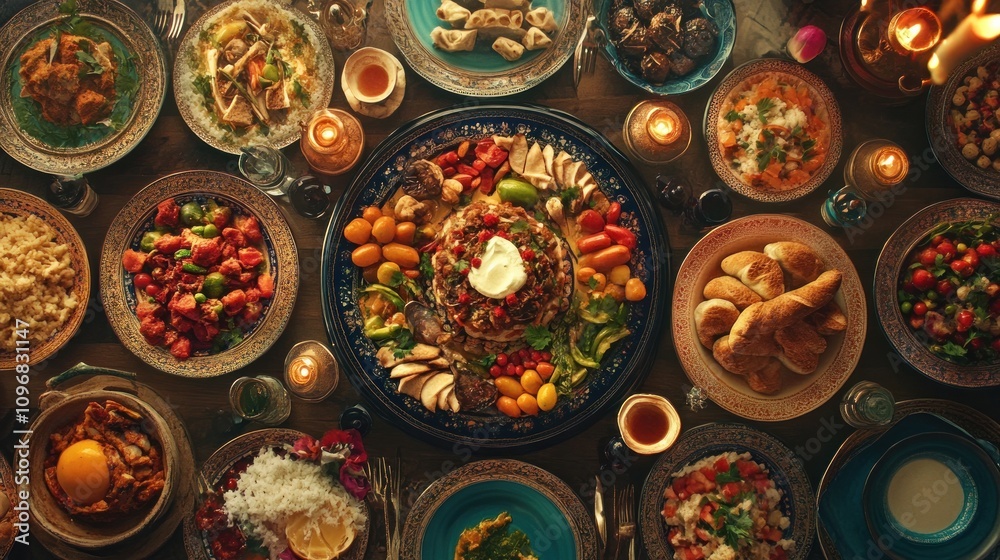 An artistic presentation of a classic Ramadan Iftar meal featuring a colorful assortment of Middle Eastern dishes An artistic presentation of a classic Ramadan Iftar meal featuring a colorful assortment of Middle Eastern dishes