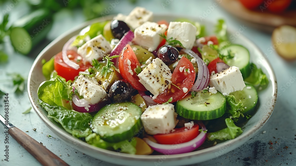 A Greek salad with mixed lettuce cucumber and tomato A Greek salad with mixed lettuce cucumber and tomato