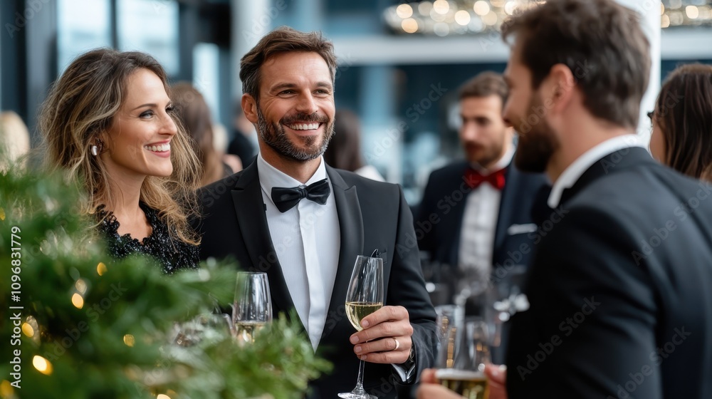 An image showcasing a formal gathering where guests are dressed in sophisticated attire, holding glasses and engaging in lively conversations with a festive background decor. An image showcasing a formal gathering where guests are dressed in sophisticated attire, holding glasses and engaging in lively conversations with a festive background decor.