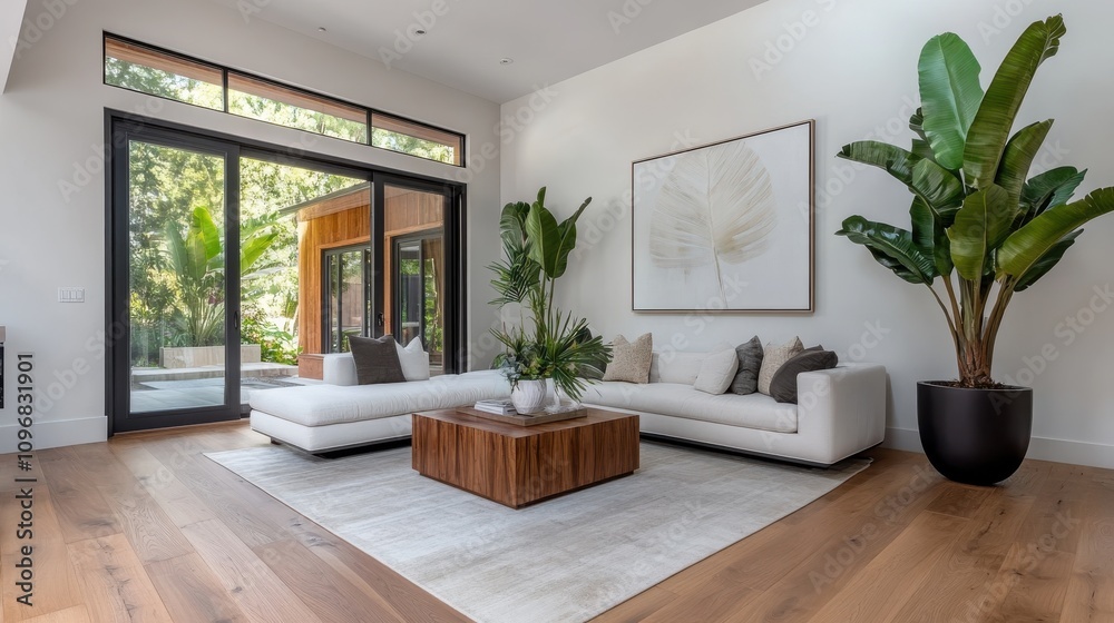 A stylish living room showcasing a comfortable white sofa, artistic wall decor, wooden coffee table, large windows leading to greenery, and hardwood floors.