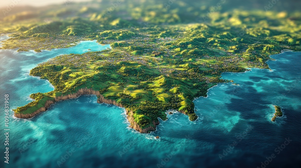 Fototapeta premium Lush Green Island Coastline Surrounded By Turquoise Ocean Waters