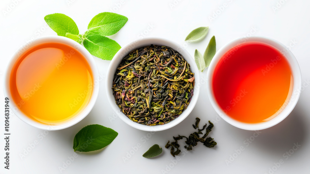 Assorted Herbal Teas with Fresh Green Leaves in White Bowls on a Clean Surface Assorted Herbal Teas with Fresh Green Leaves in White Bowls on a Clean Surface