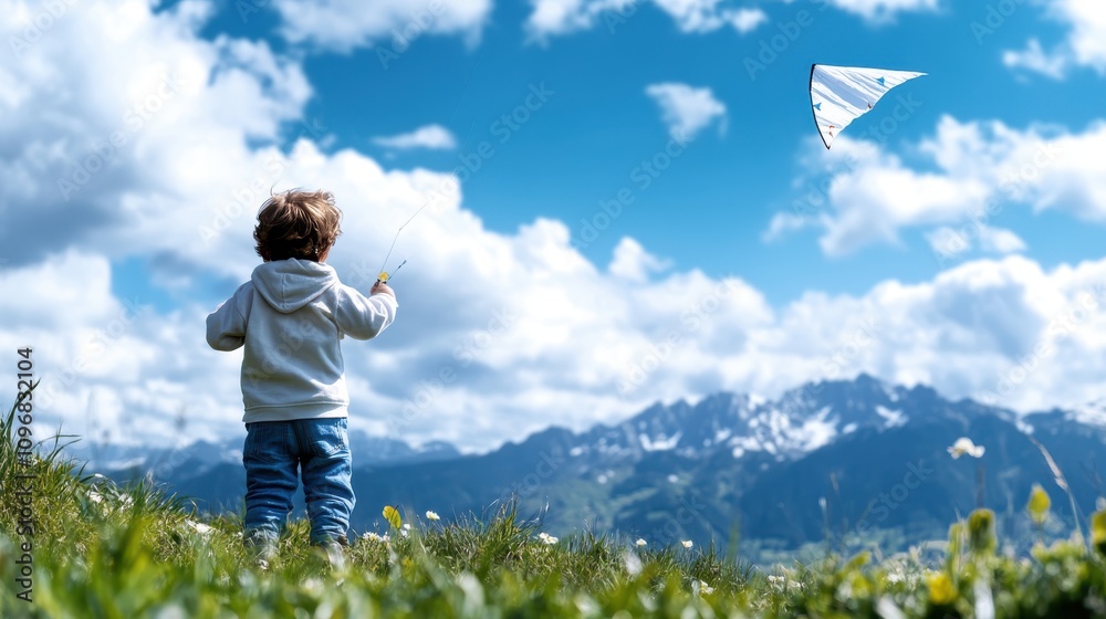 A child in a white hoodie flies a kite against a stunning mountain backdrop with lush green grass and a clear blue sky, symbolizing freedom and adventure. A child in a white hoodie flies a kite against a stunning mountain backdrop with lush green grass and a clear blue sky, symbolizing freedom and adventure.
