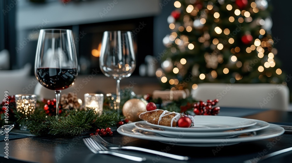 A beautifully arranged table ready for a festive gathering, featuring wine glasses, Christmas decor, and a lit Christmas tree in the background. A beautifully arranged table ready for a festive gathering, featuring wine glasses, Christmas decor, and a lit Christmas tree in the background.