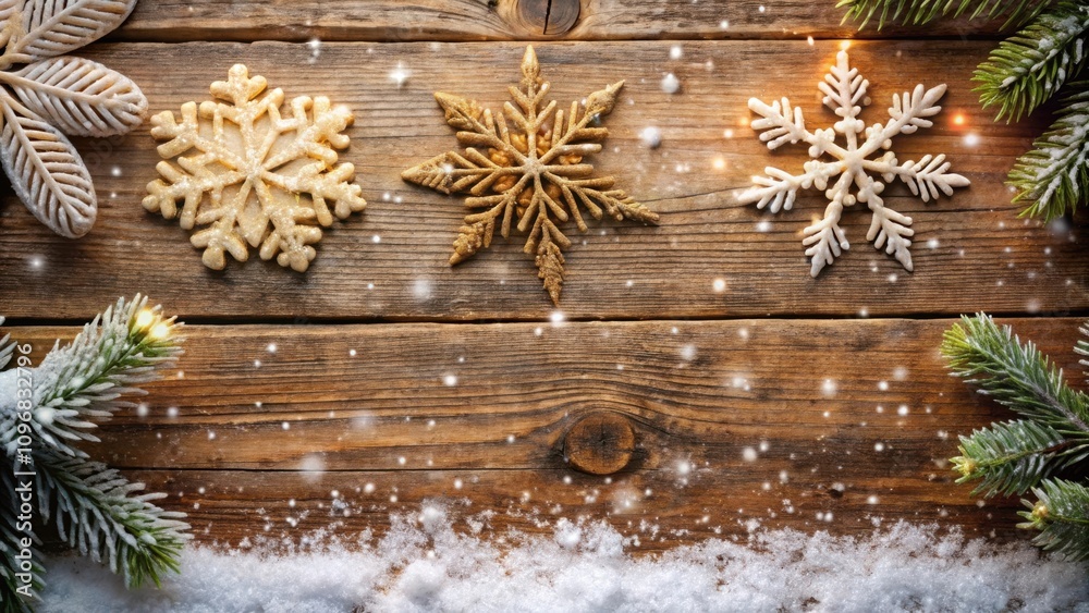 Winter Wonderland with Snowy Pine Branches and Golden Snowflake Decorations on Rustic Wooden Background Winter Wonderland with Snowy Pine Branches and Golden Snowflake Decorations on Rustic Wooden Background