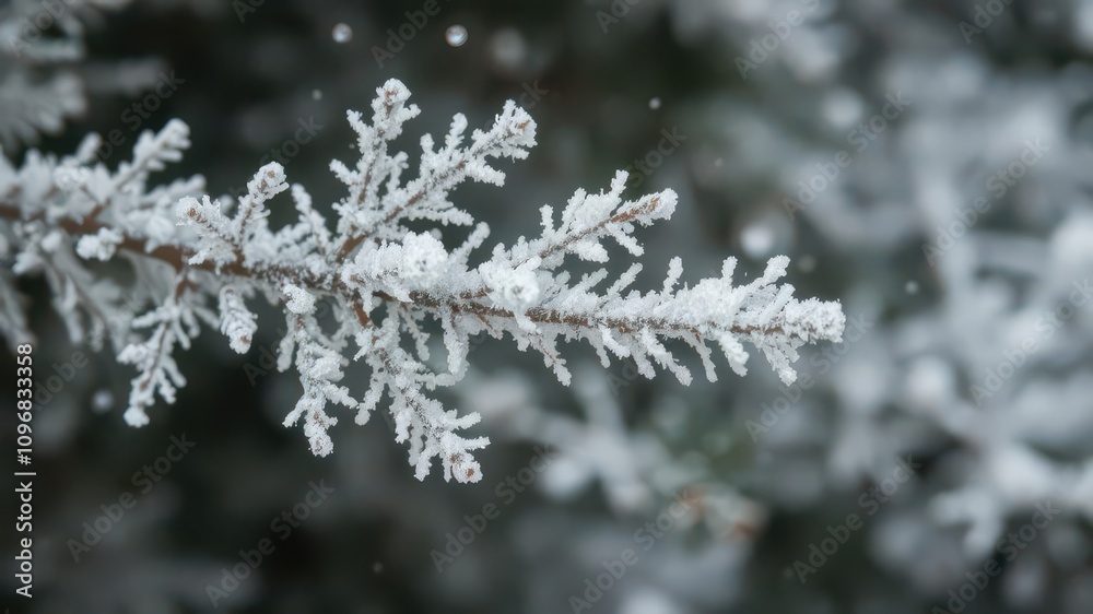 Close-up shot of a frost-covered tree branch during a winter storm, climate Close-up shot of a frost-covered tree branch during a winter storm, climate