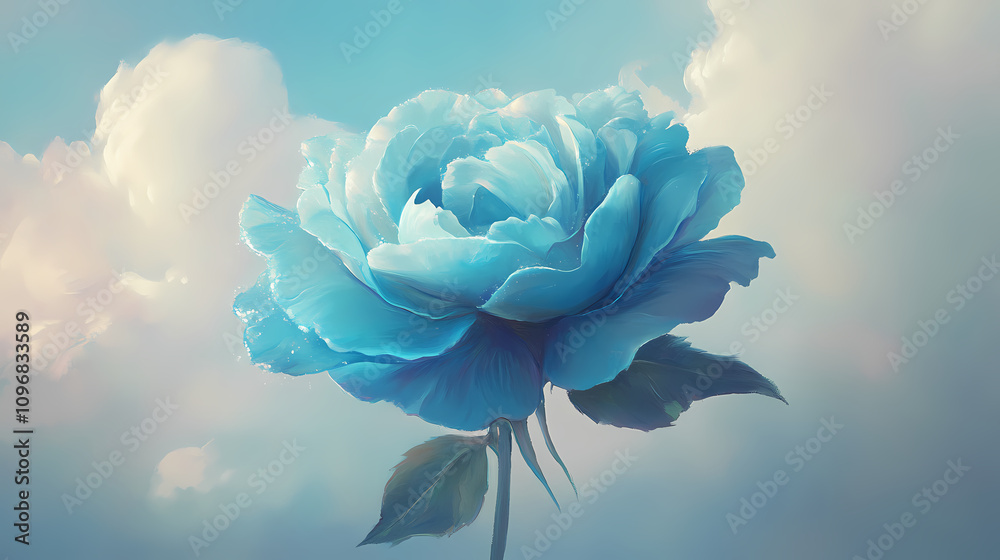A majestic turquoise-colored rose blooms against a soft blue sky, delicate petals unfolding like a morning dew-kissed gentle cloud. Dew-Kissed Morning Petals. Illustration A majestic turquoise-colored rose blooms against a soft blue sky, delicate petals unfolding like a morning dew-kissed gentle cloud. Dew-Kissed Morning Petals. Illustration